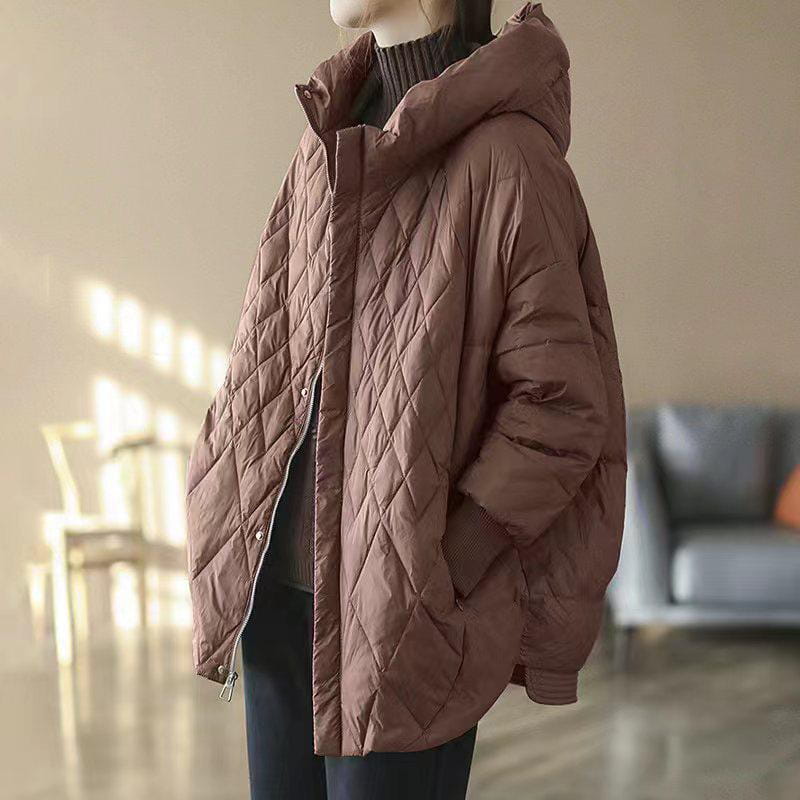 a cozy quilted brown white duck down puffer jacket with a hood and button closure designed as a loose hooded winter coat