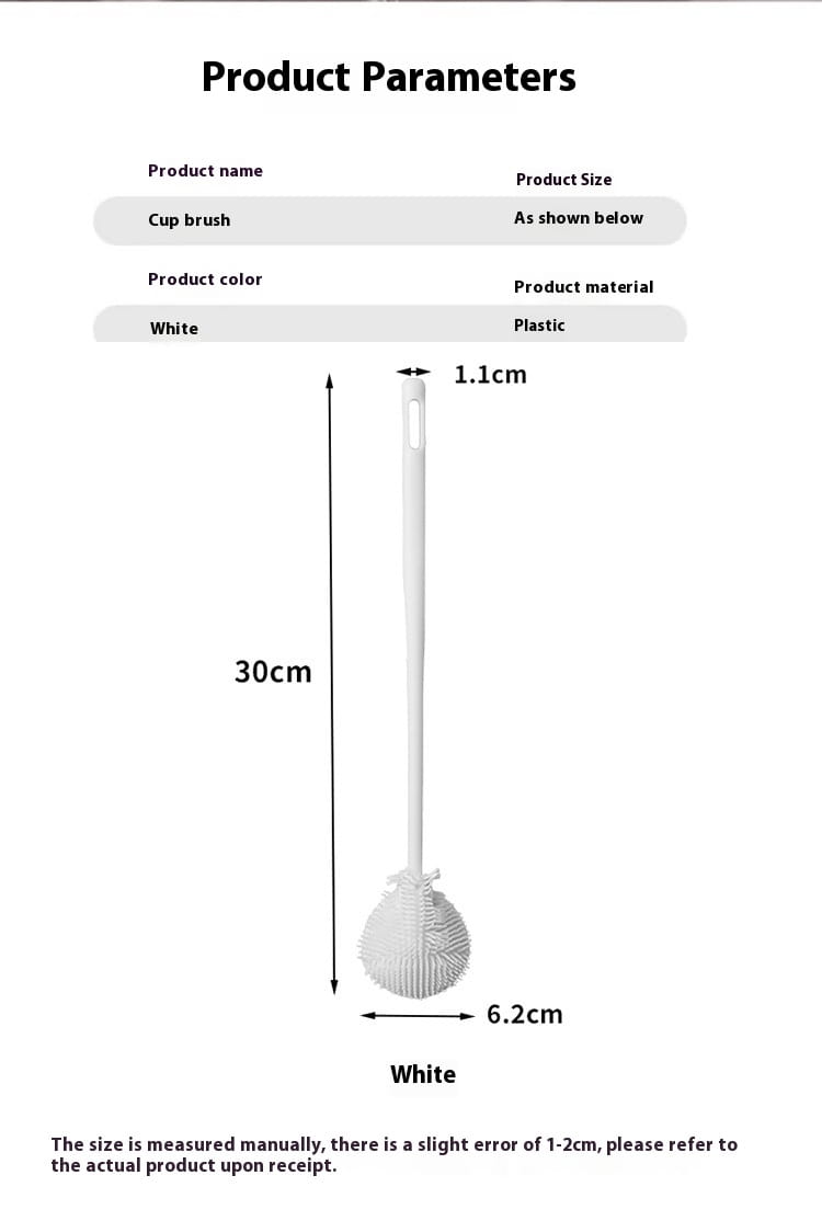 White plastic cup brush with long handle and textured bristles for glassware cleaning.