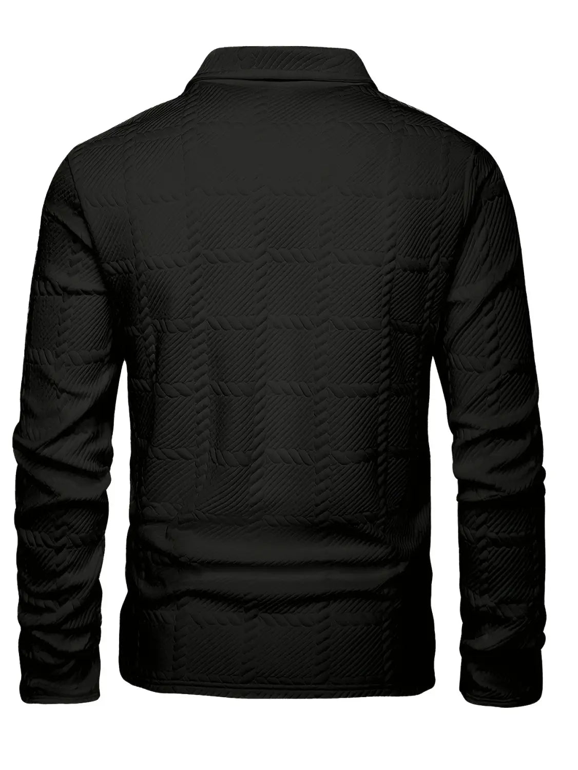 Chaqueta acolchada negra con un sutil patrón geométrico, diseñada como una camisa tipo polo de manga larga con textura.
