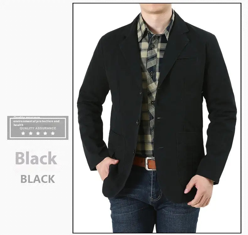 Herren-Übergrößen-Baumwoll-Freizeitblazer in Schwarz aus Wolle mit Reverskragen und zwei vorderen aufgesetzten Taschen mit Patte.