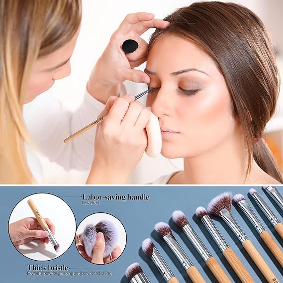 set of professional bamboo makeup brushes with wooden handles and silver ferrules featuring dense bristles for precise application arranged with a rotating storage bucket