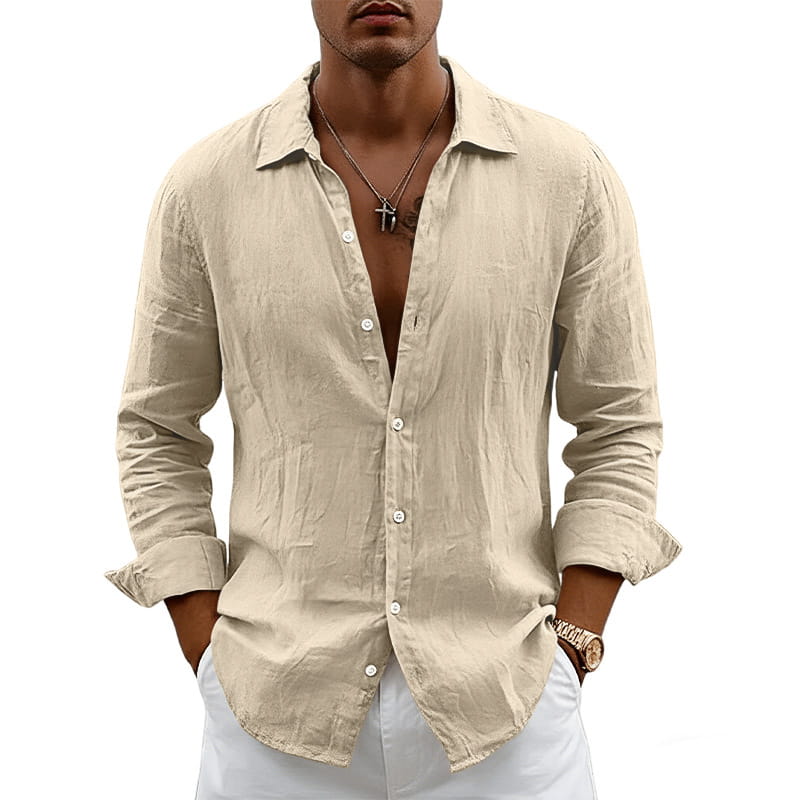 Men’s slim fit beige linen blend long sleeve casual shirt with rolled cuffs and a relaxed fit.