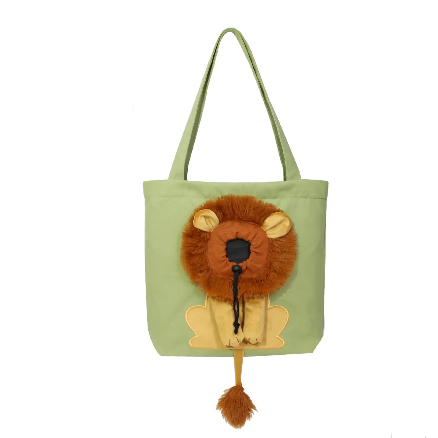 Light green canvas tote bag featuring a plush brown lion face with tan ears and muzzle, a fluffy mane, black nose detail, drawstring closure, and a matching tail pom-pom designed as a lion design portable pet carrier bag.