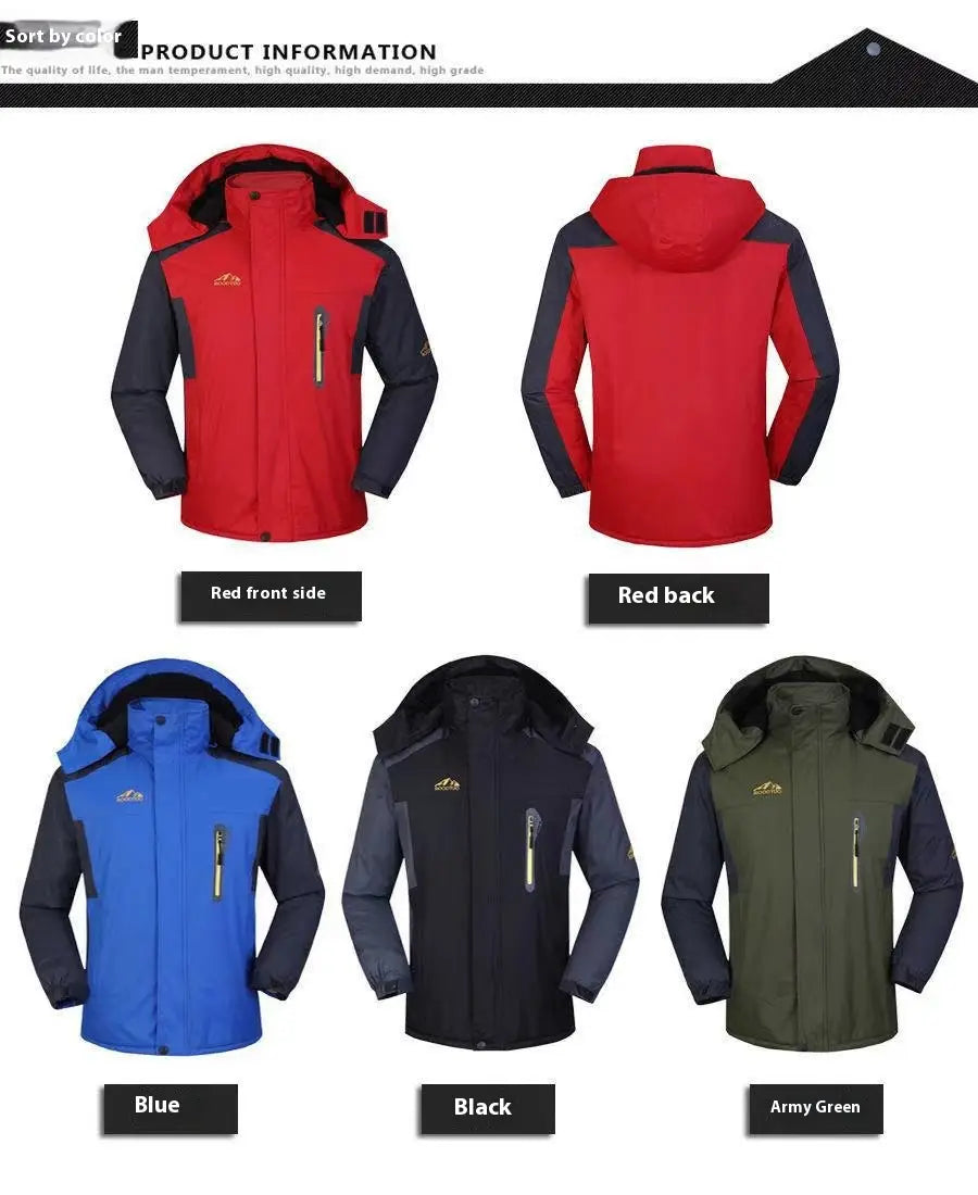 Men’s mid length fleece lined insulated winter jacket in red and black two tone with a waterproof hooded design, front zipper closure, and side pockets.