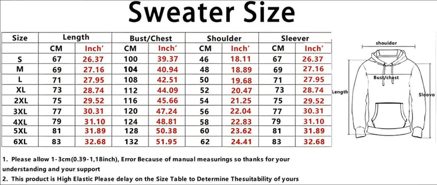Tabla de tallas del suéter que muestra medidas en centímetros y pulgadas para las tallas de la S a la 6XL de un sudadera con capucha de estampado de olas japonesas con diseño de capucha.
