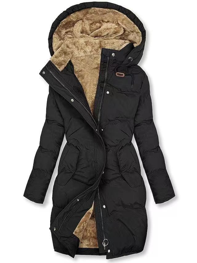 Doudoune en cachemire noire pour femme, avec capuche en fourrure beige duveteuse doublée de polaire et poches avant.