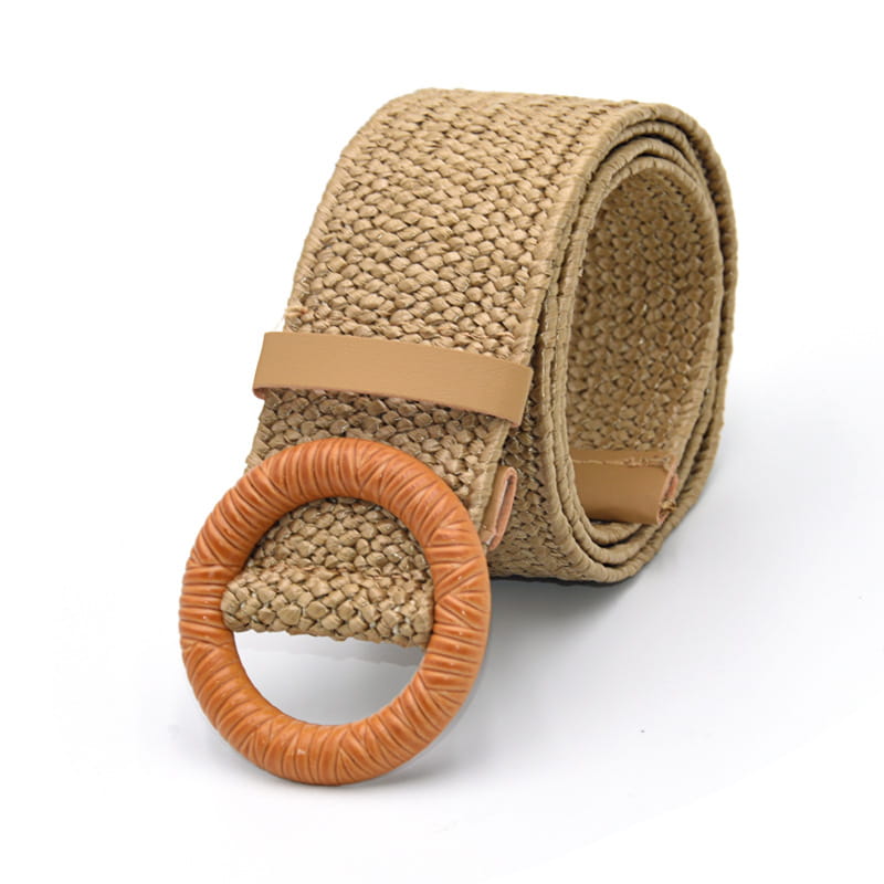 Beige woven elastic belt with a tan leather-like round buckle designed for secure and stylish wear.