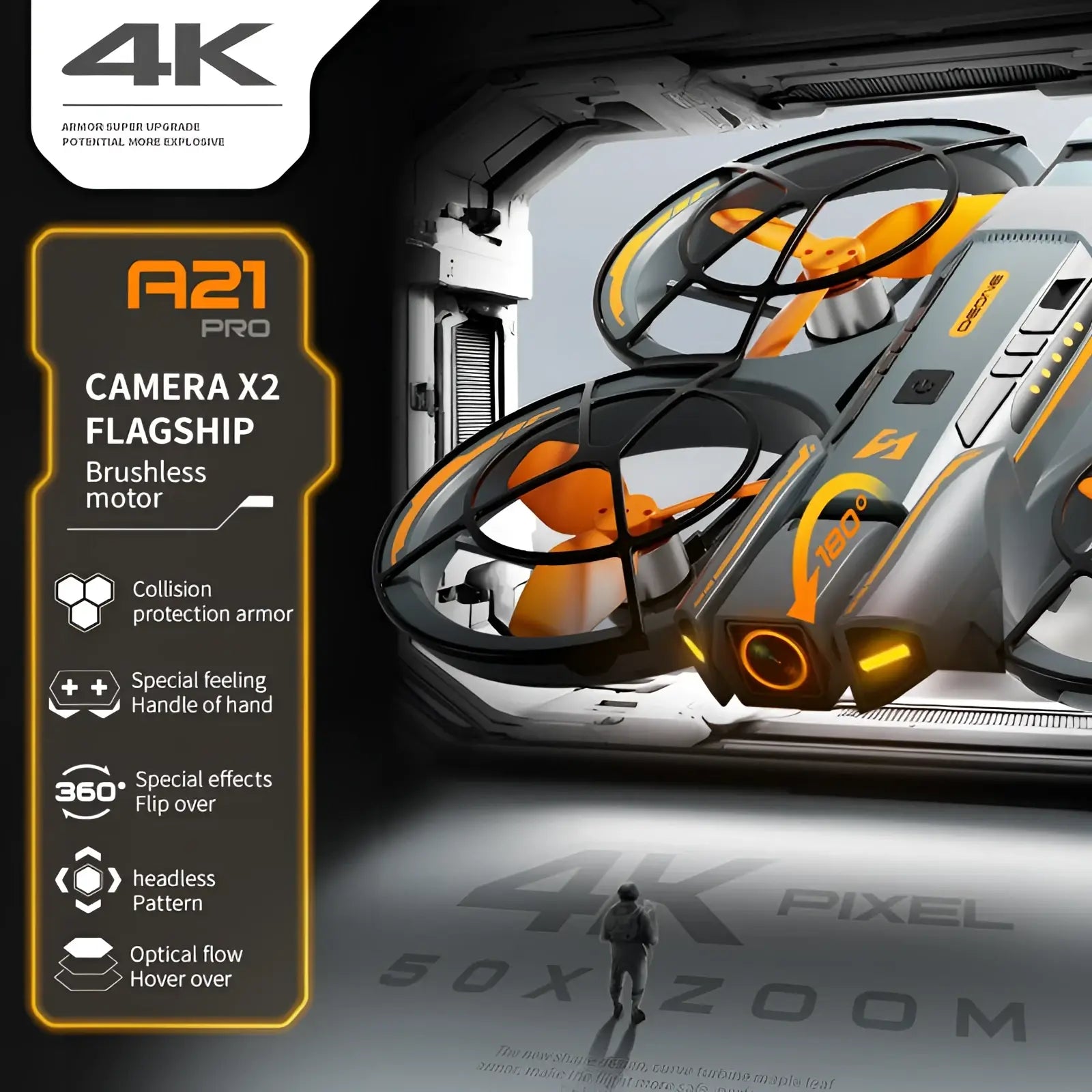 A21 pro 4k brushless drone in orange and gray with dual battery, 4k camera, brushless motor, and flip-over capability
