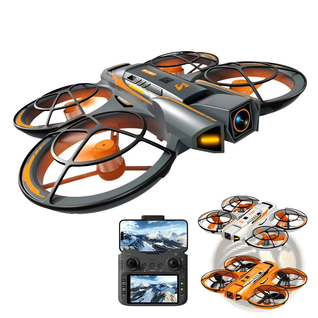 A21 Pro 4k brushless drone in gray and orange with black rotor frames and front camera lens featuring dual battery black