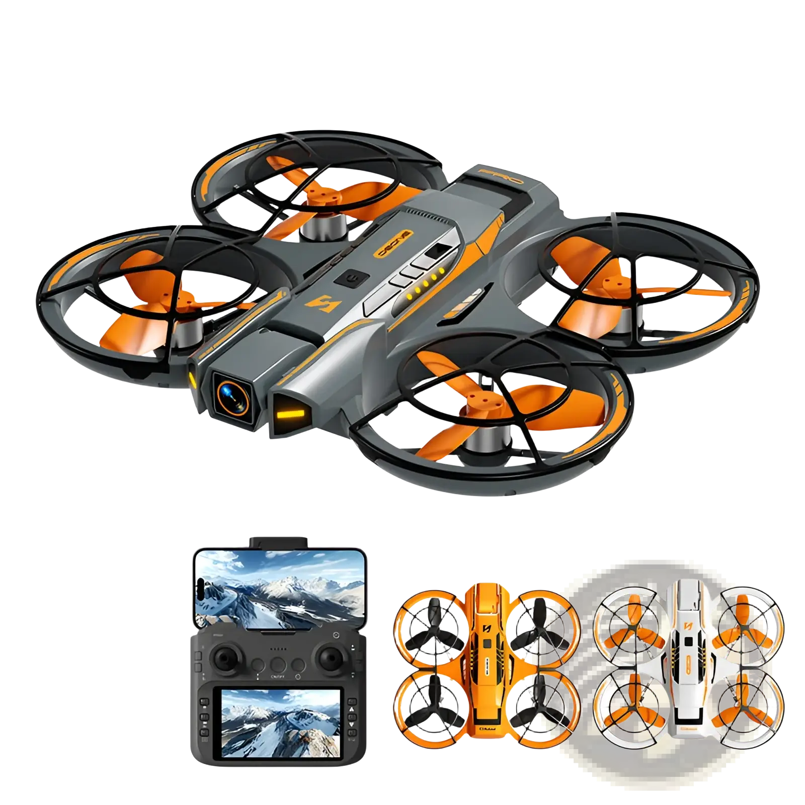 A21 Pro 4k brushless drone gray and orange with black protective frames around propellers and dual battery system