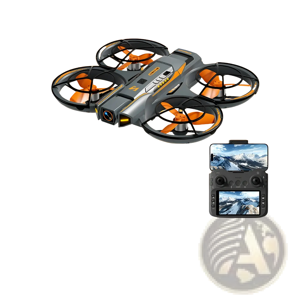 Gray and orange A21 Pro 4k brushless drone with black propeller guards and dual battery in black color