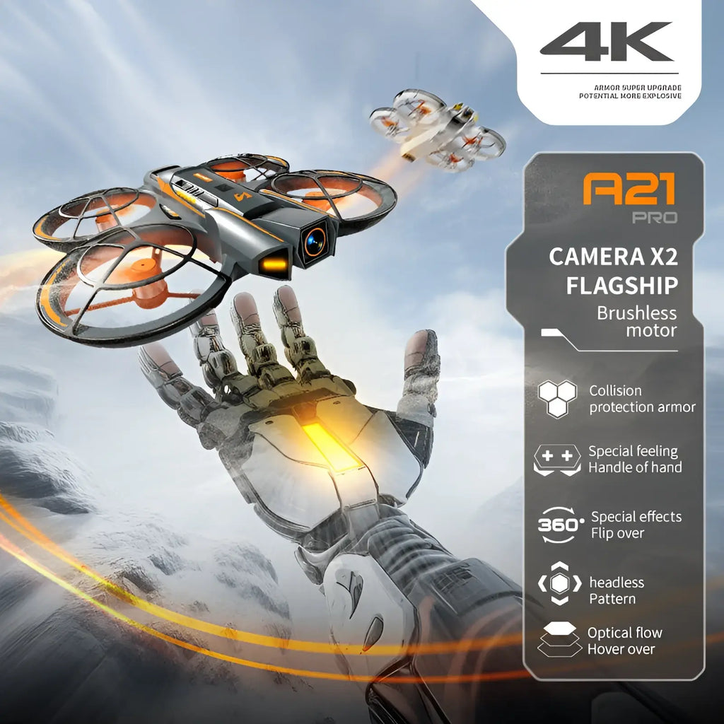 A21 Pro brushless drone in black and orange featuring dual battery and advanced brushless motor technology