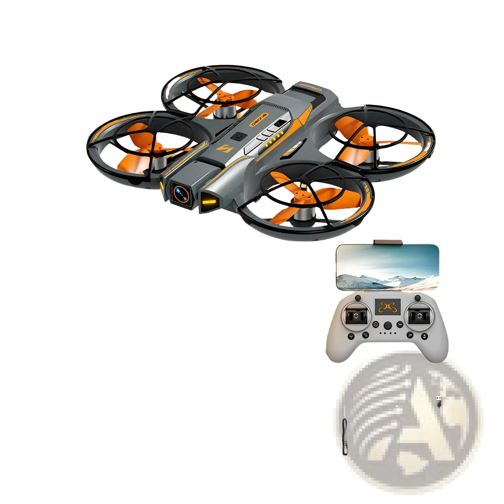 Gray and orange a21 pro brushless drone with dual battery and black propeller guards shown from the back side