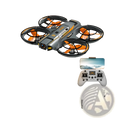 Gray and orange a21 pro brushless drone with dual battery and black propeller guards shown from the back side