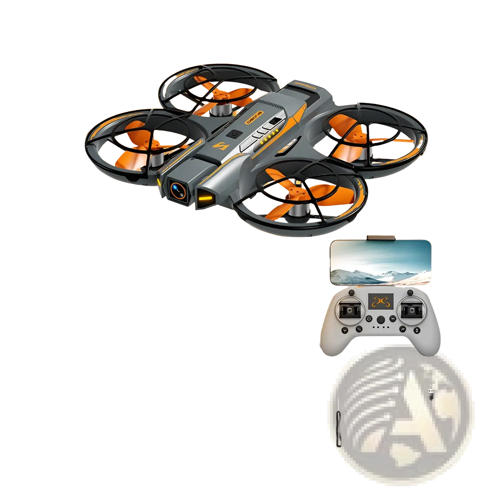 Gray and orange a21 pro brushless drone with dual battery and black propeller guards shown from the back side
