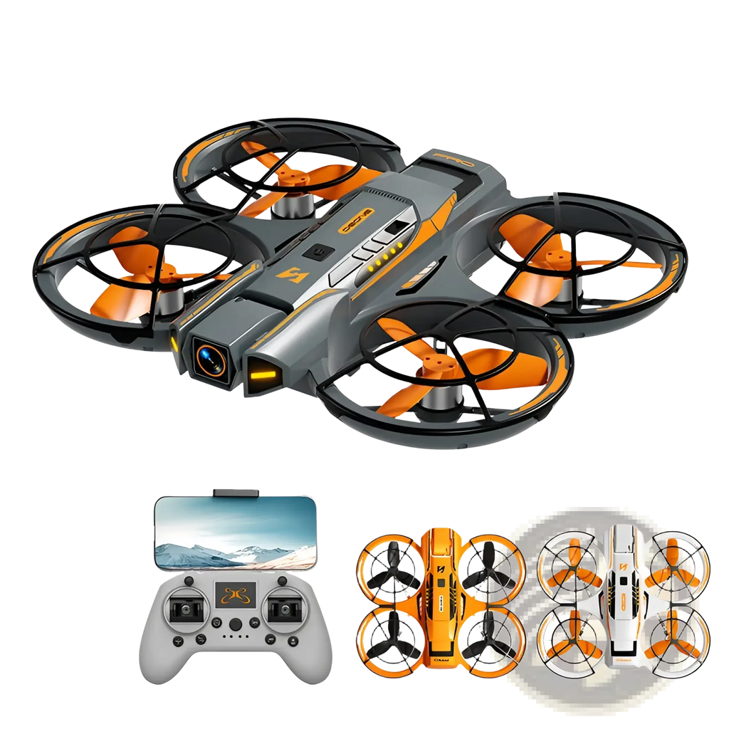 Gray and orange a21 pro brushless drone with black protective frames around propellers and dual battery in black