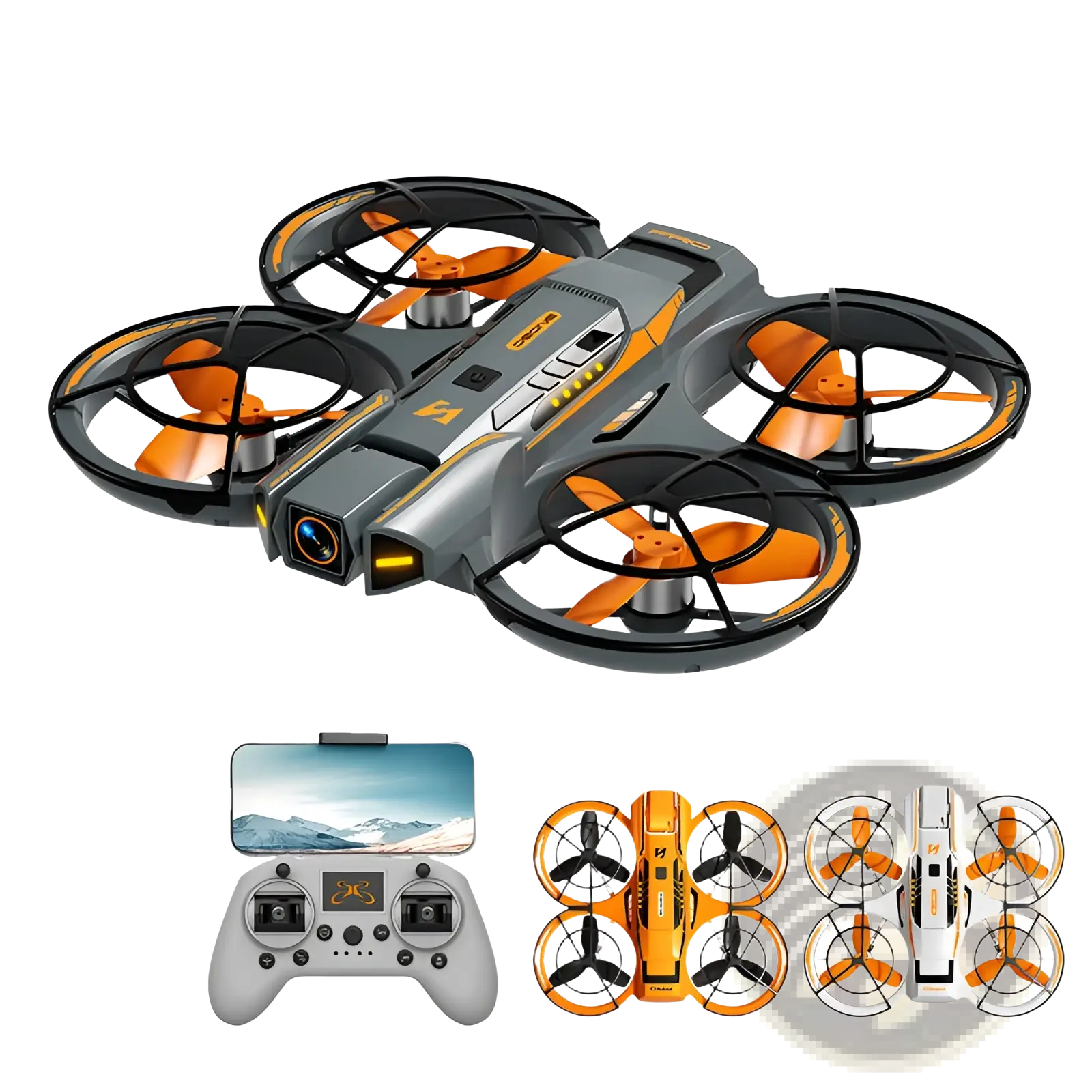 Gray and orange a21 pro brushless drone with black protective frames around propellers and dual battery in black