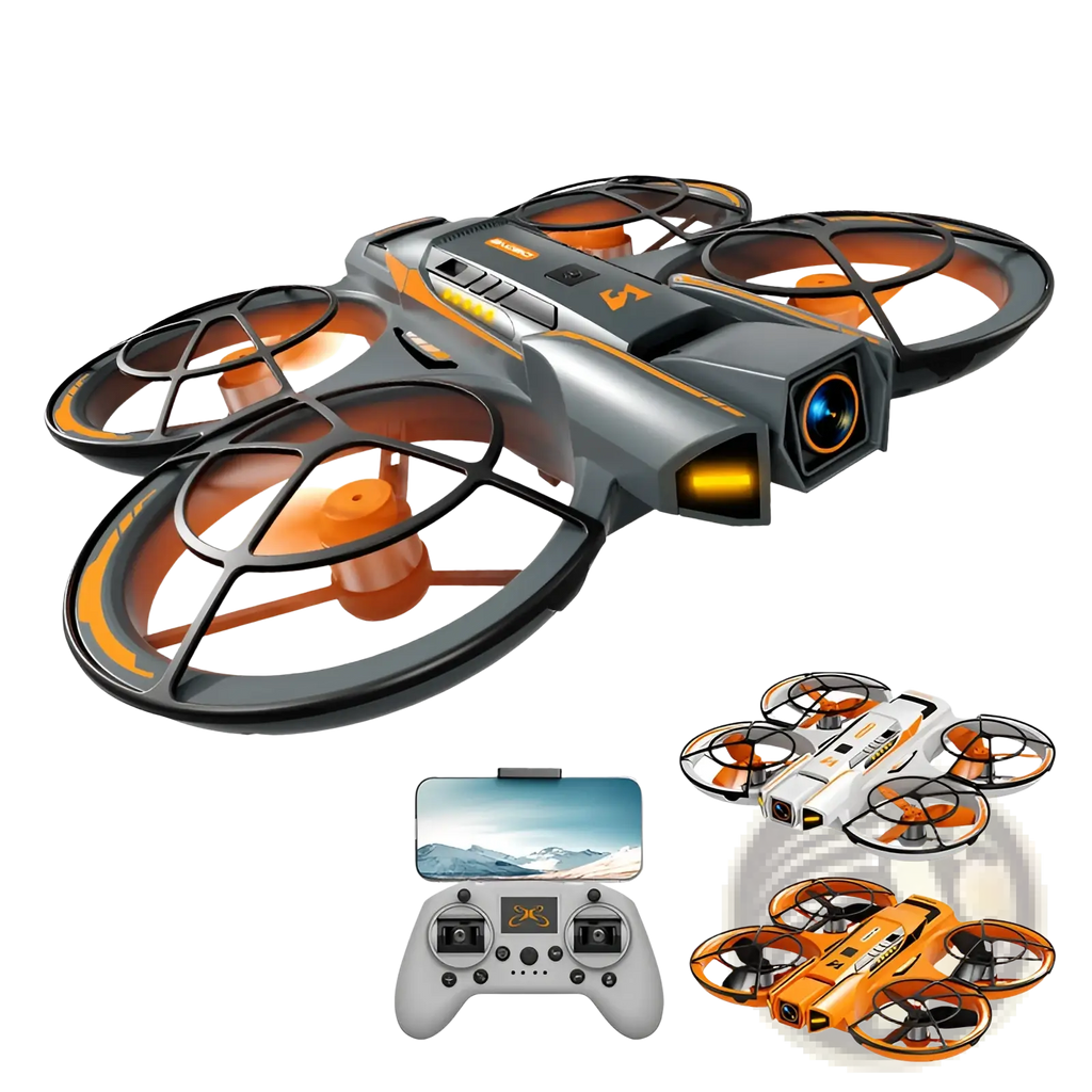 A21 pro brushless drone in gray and orange with black protective rotor frames and dual battery in black color