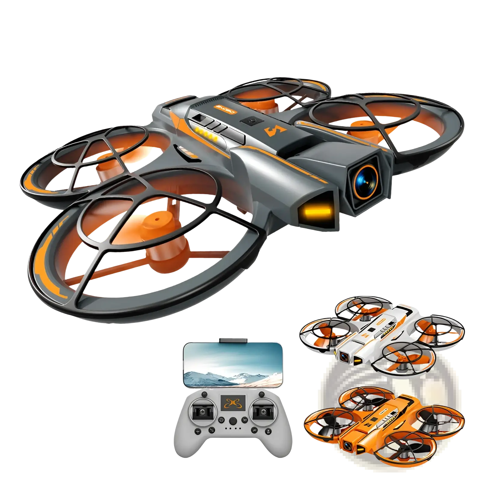 A21 pro brushless drone in gray and orange with black protective rotor frames and dual battery in black color