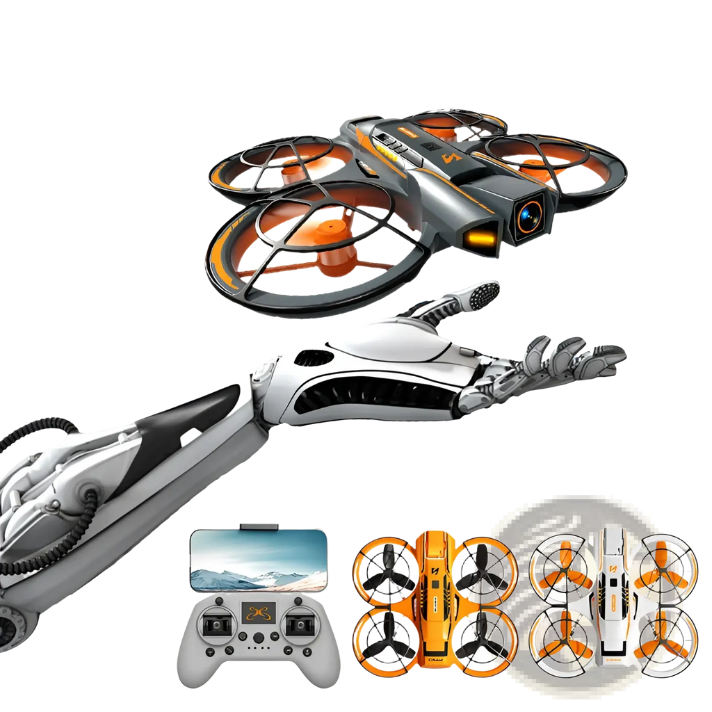 A21 Pro brushless drone in orange and black featuring 4k camera lens and mechanical design with dual battery system