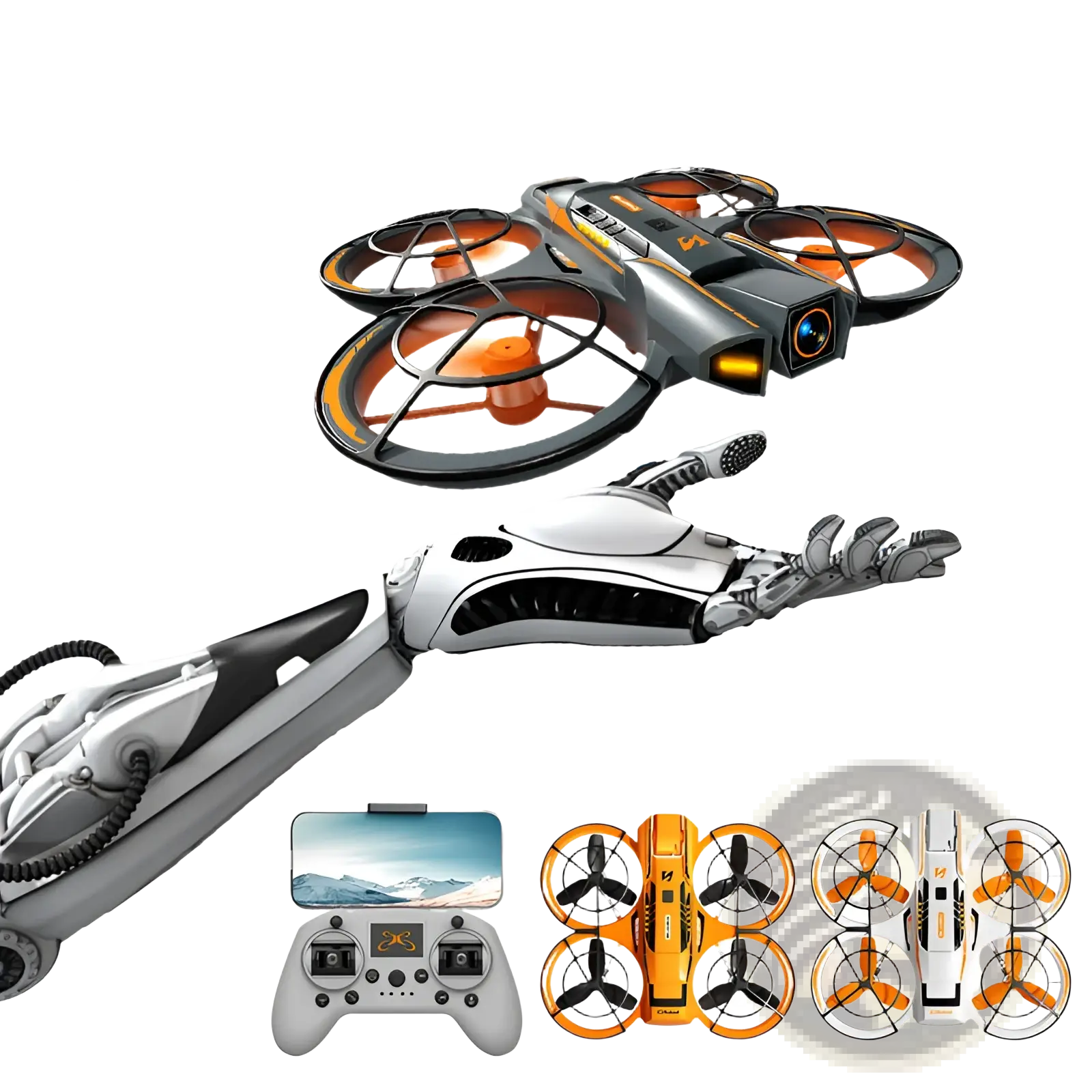 A21 Pro brushless drone in orange and black featuring 4k camera lens and mechanical design with dual battery system