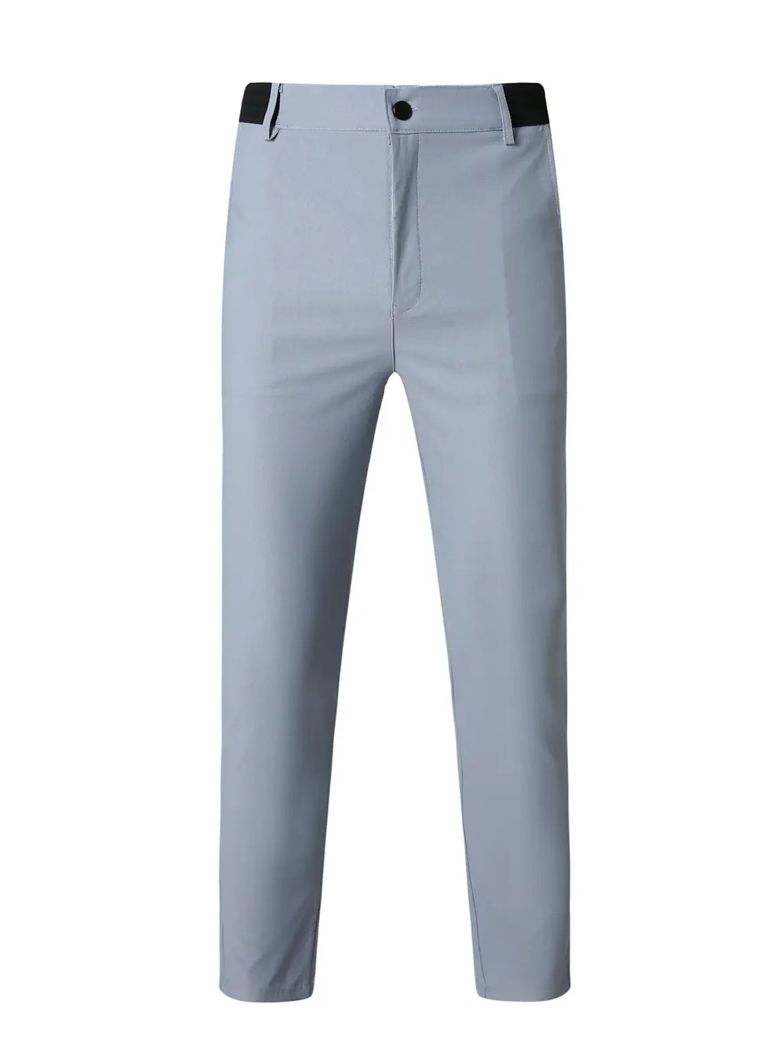Men’s slim fit high stretch light gray business trousers featuring a black belt loop and button closure.