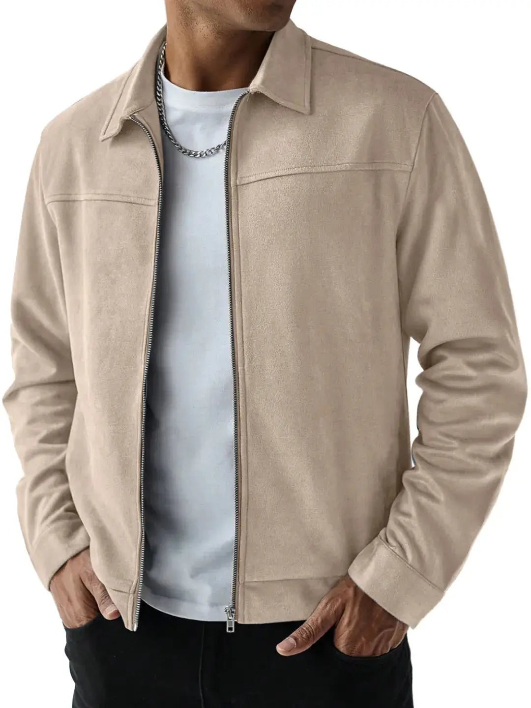 Beige suede bomber jacket for men featuring a classic collar and front zipper closure.