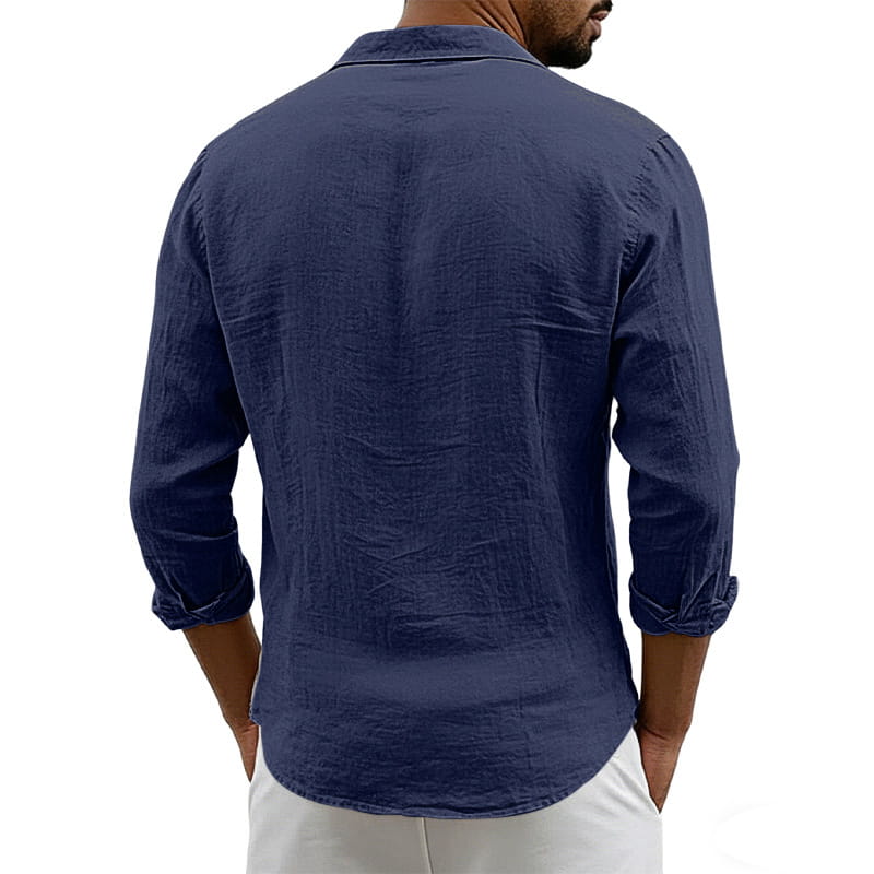 Men’s slim fit navy blue linen blend long sleeve casual shirt with rolled cuffs.