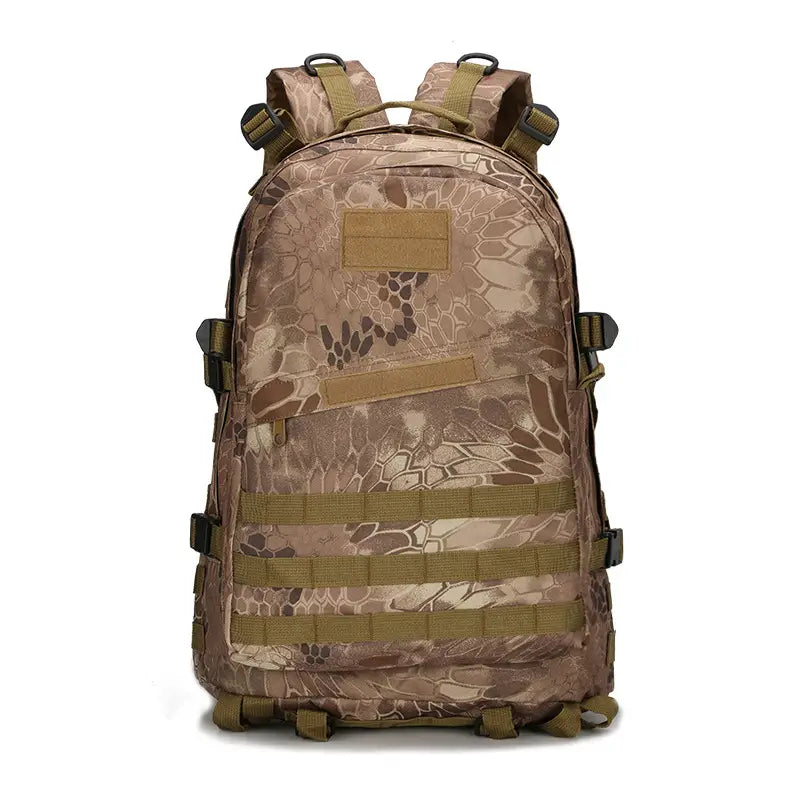 Tactical camouflage mountaineering backpack for hiking in tan and brown camouflage pattern with olive green webbing straps.