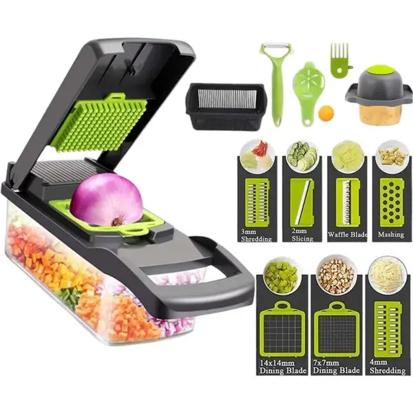Black and green 16 in 1 vegetable chopper and multi slicer set with interchangeable blades for shredding slicing waffling mashing and dicing vegetables.