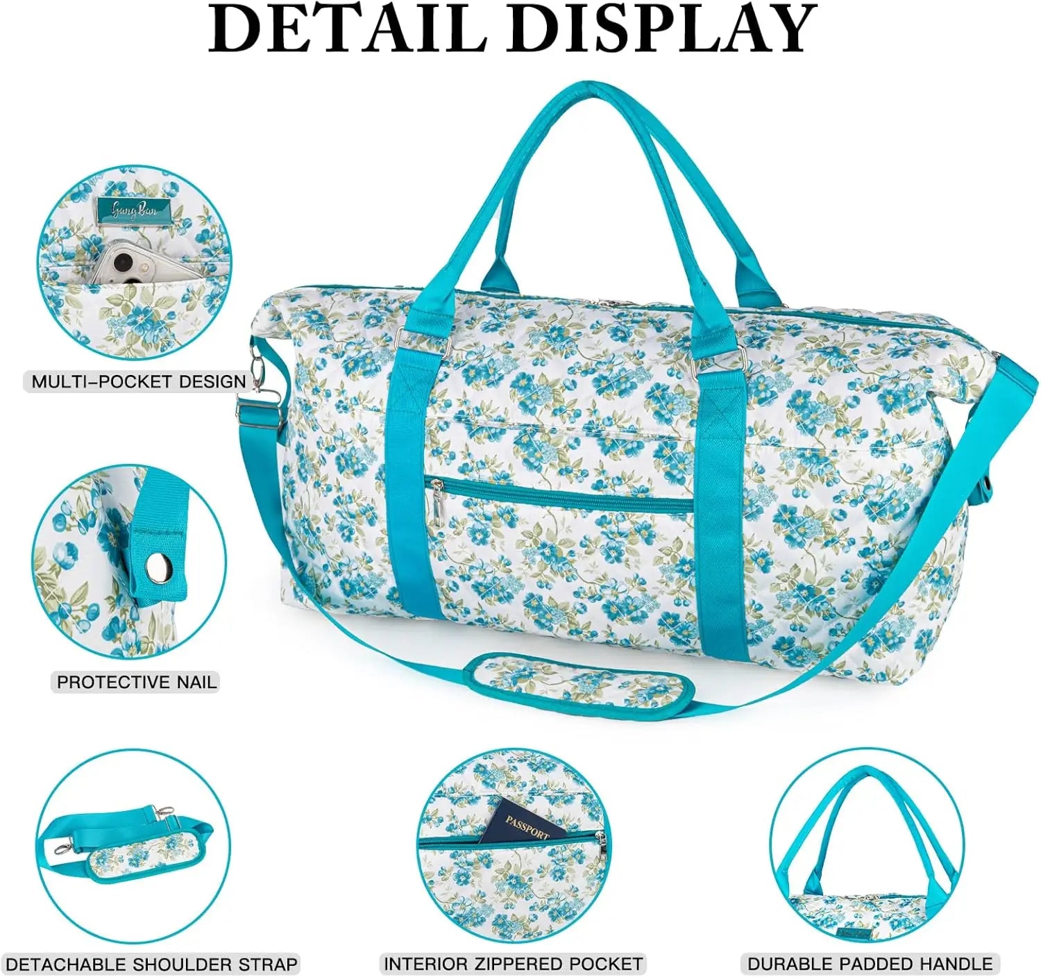 un sac de voyage duffel pour femme à motif floral vert-bleu et blanc, avec des poignées assorties et une bandoulière amovible, comportant une trousse de toilette.