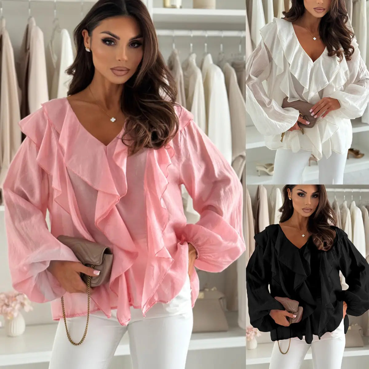 pink ruffled v-neck blouse with long puff sleeves made from lightweight fabric ideal for elegant occasions