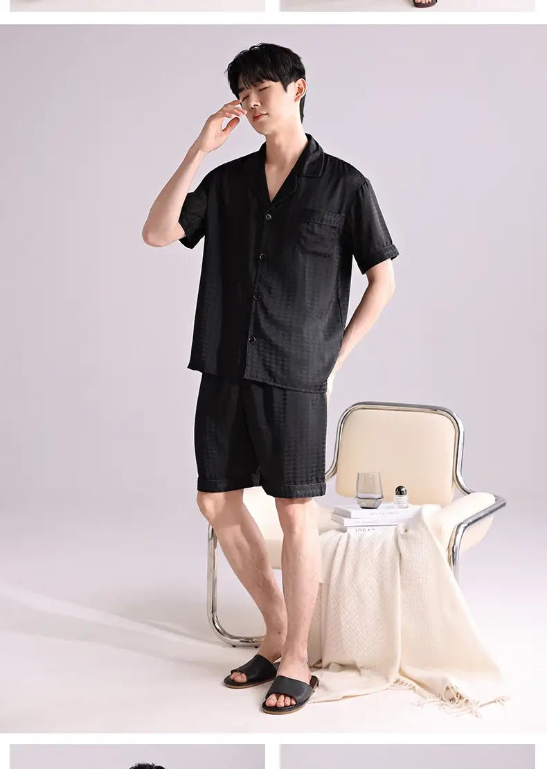 men’s black ice silk short-sleeved button-up shirt with chest pocket and relaxed fit lightweight summer sleepwear