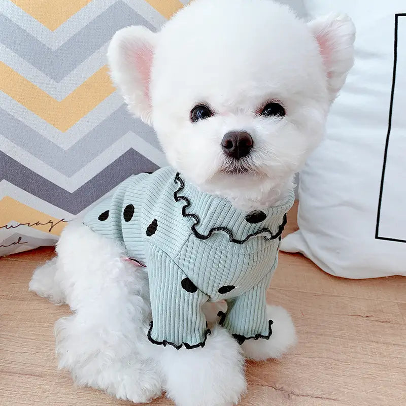 Camiseta tipo cuello vuelto de algodón de manga larga con estampado de lunares y diseño de perro