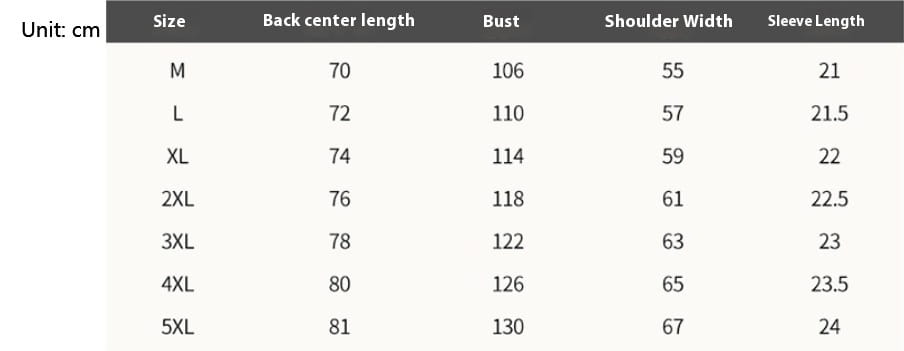 Size chart for men solid workwear shirt short sleeve showing women’s garment measurements in centimeters across sizes m to 5xl.