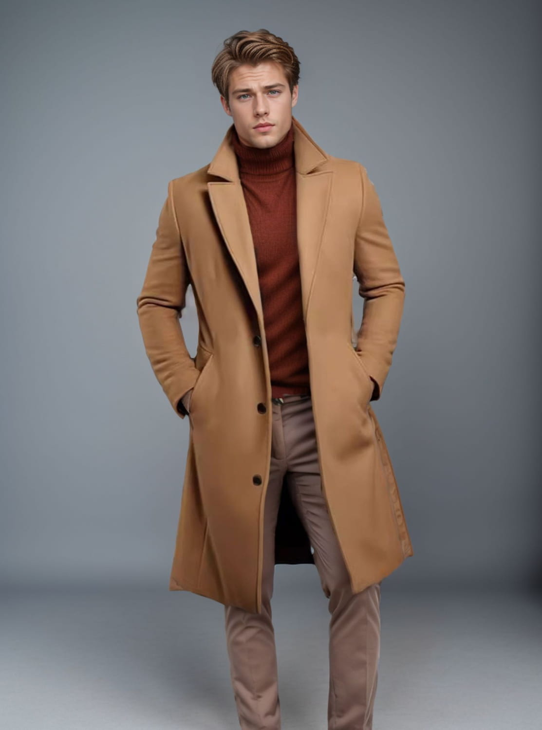 A stylish camel-colored woolen trench coat for men featuring a slim business overcoat design with a classic double-breasted front and notched lapels.