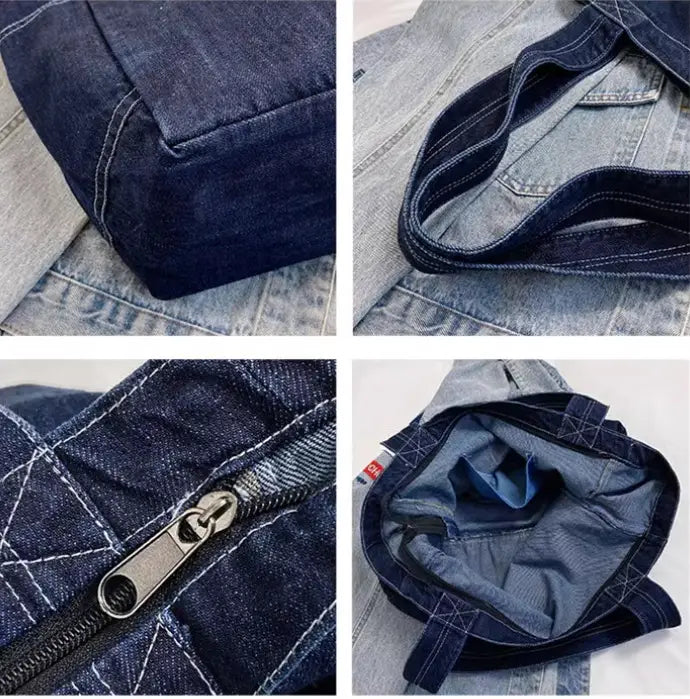 Dark blue denim tote bag with reinforced stitching and a silver zipper designed for large capacity and shoulder use by Alma Latina.