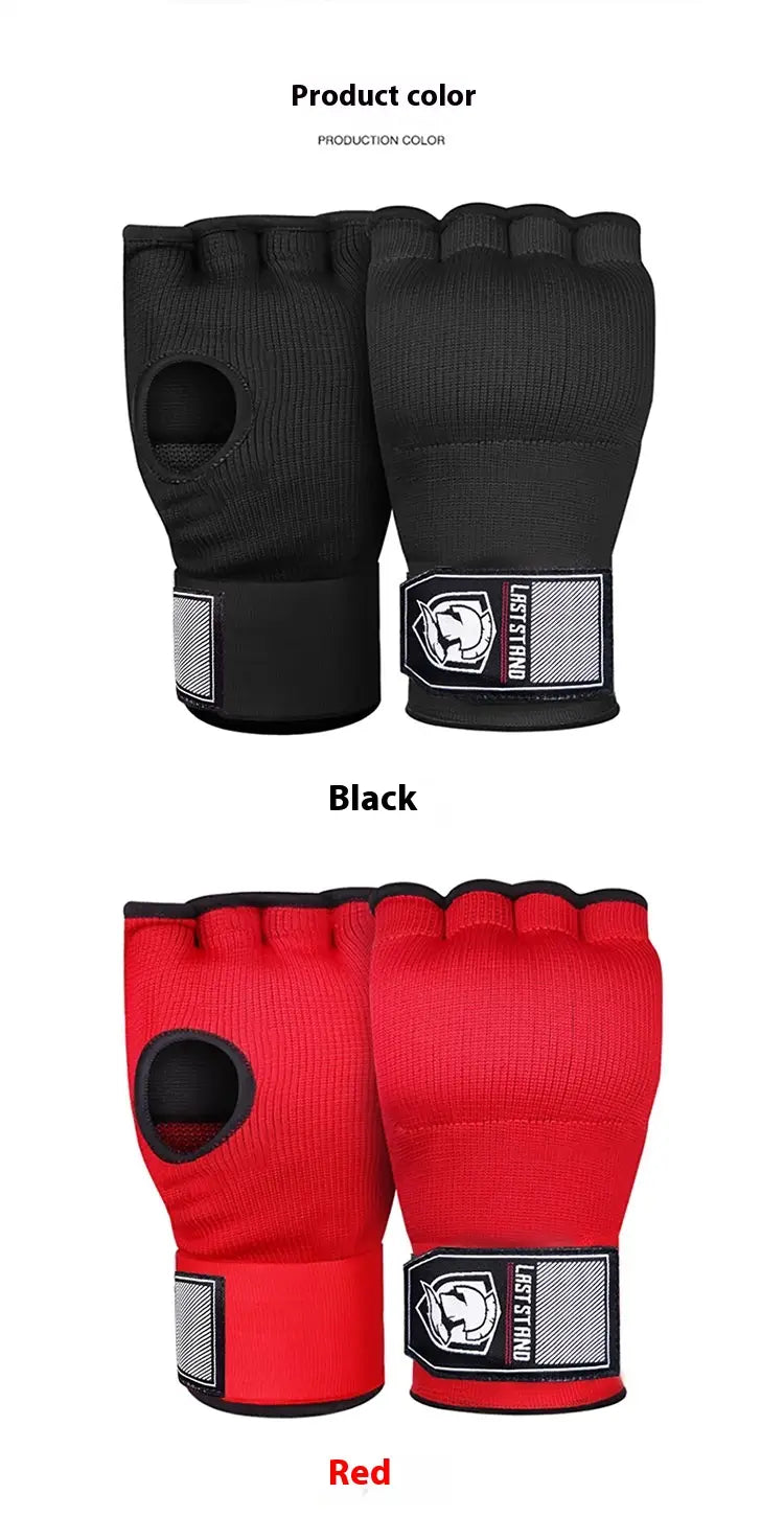 Gel boxing hand wrap gloves fitness half finger featuring black or red fingerless design with breathable mesh fabric and reinforced wrist straps visible from the back side.