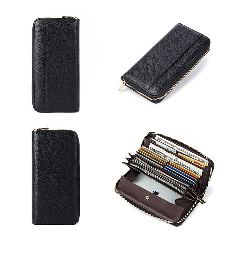 Portefeuille pour femme en cuir texturé noir à fermeture éclair sur tout le pourtour, avec une fermeture à glissière et plusieurs compartiments pour cartes.