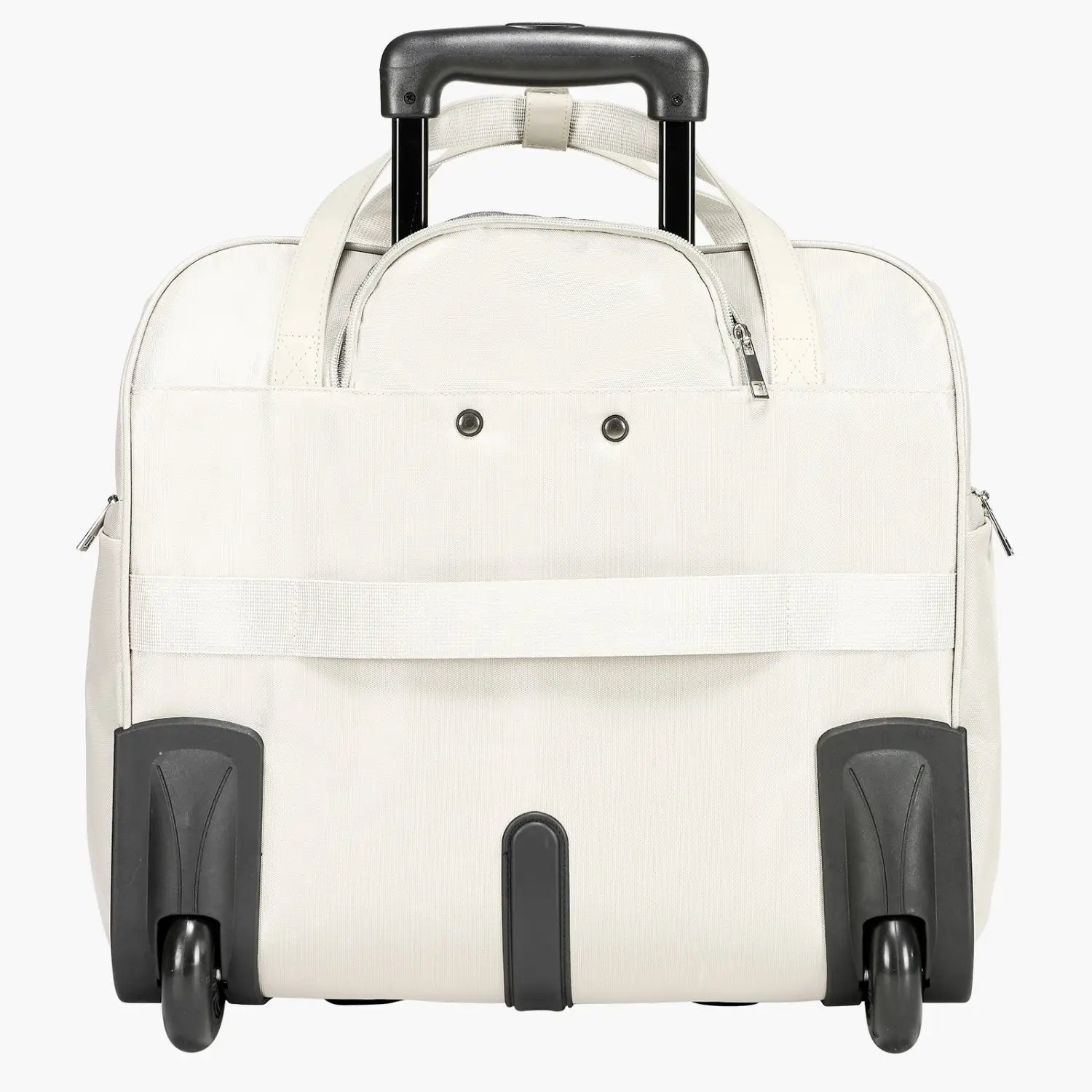 Sac d’ordinateur portable à roulettes de couleur crème, format 15,6 pouces, mallette rembourrée matelassée, avec roues et poignée noires, offrant un extérieur en tissu durable et des détails de surpiqûres discrets.