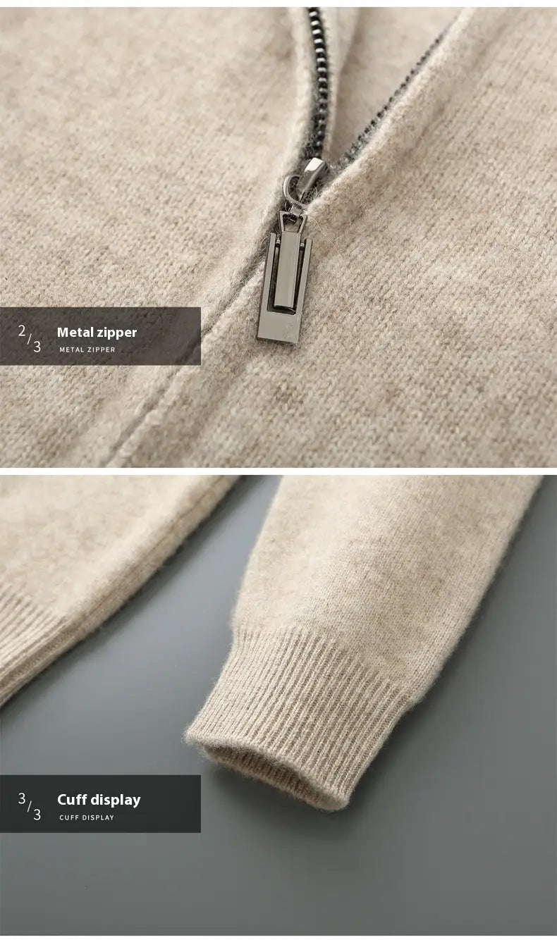 Beige wool cardigan sweater with a silver metal zipper and ribbed cuff ideal for men in a casual sweatsuit.