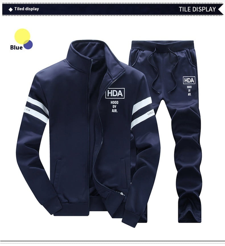 Navy blue hda branded mens track suit athletic zip sweatshirt jacket featuring white stripes on the sleeves and a chest logo designed for athletic wear.