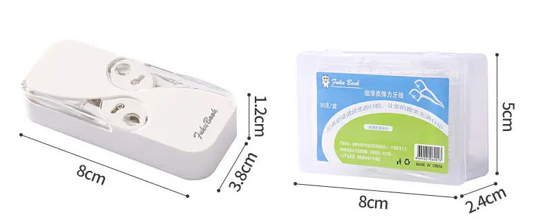 distributeur de fil dentaire en plastique blanc avec dessus transparent et logo de marque, conçu comme une boîte de rangement pour fil dentaire avec étui à ouverture automatique