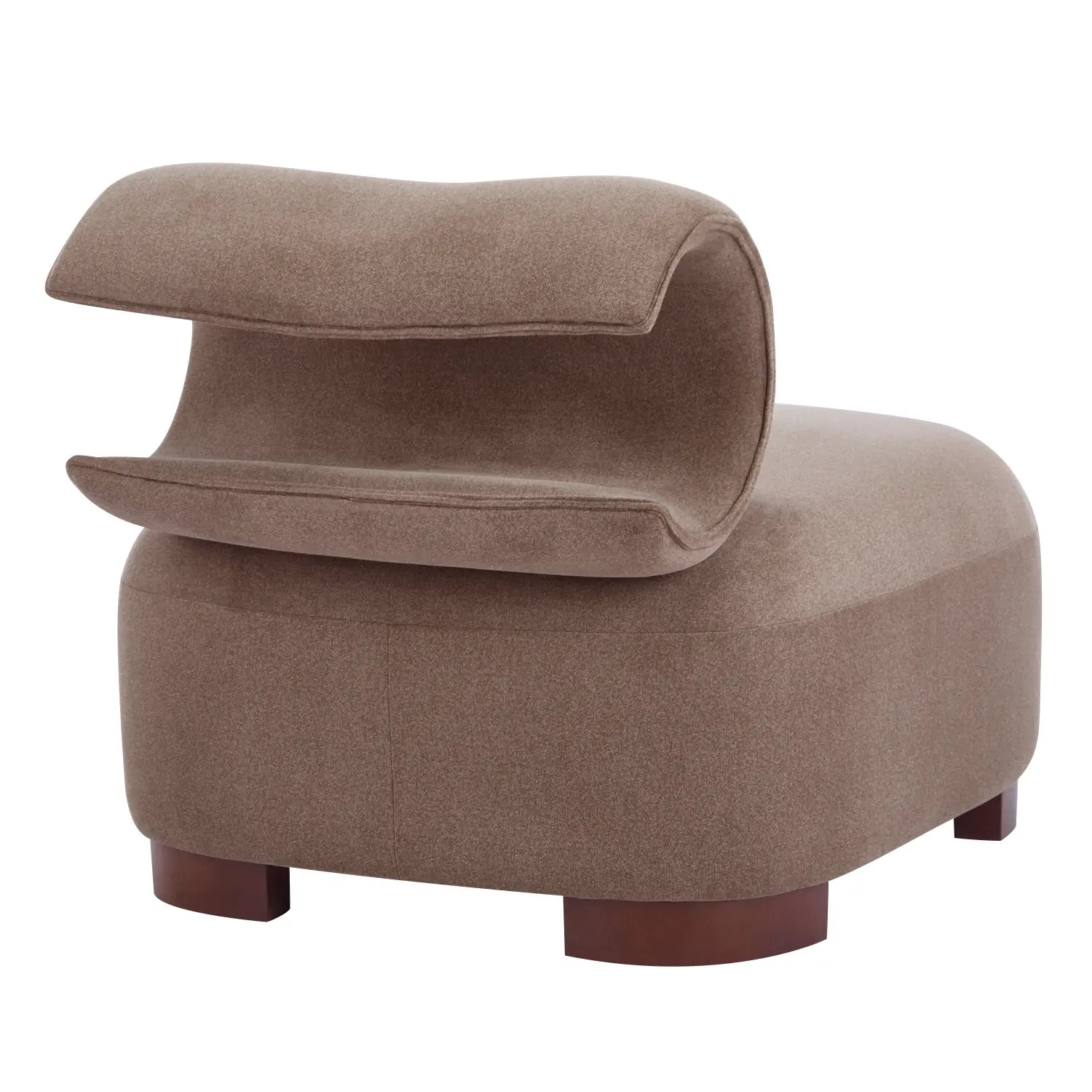 Modern brown polyester pet friendly accent chair featuring a taupe-colored upholstered armchair with a sculpted flowing design and dark wooden legs.