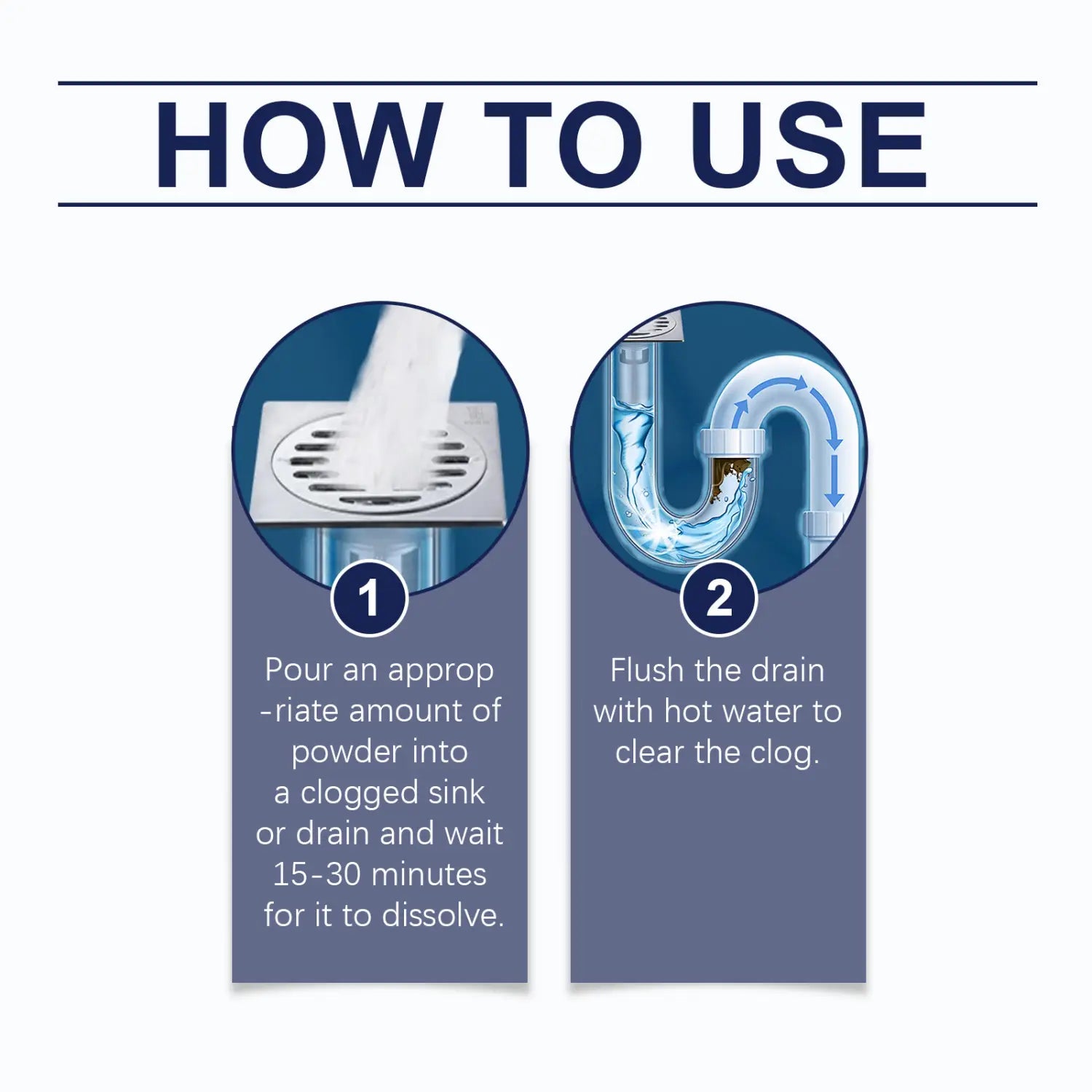 silver-colored rectangular packet of drain cleaning powder lemon pipe clog remover 250g with white label and blue text instructions on the back side of the product.