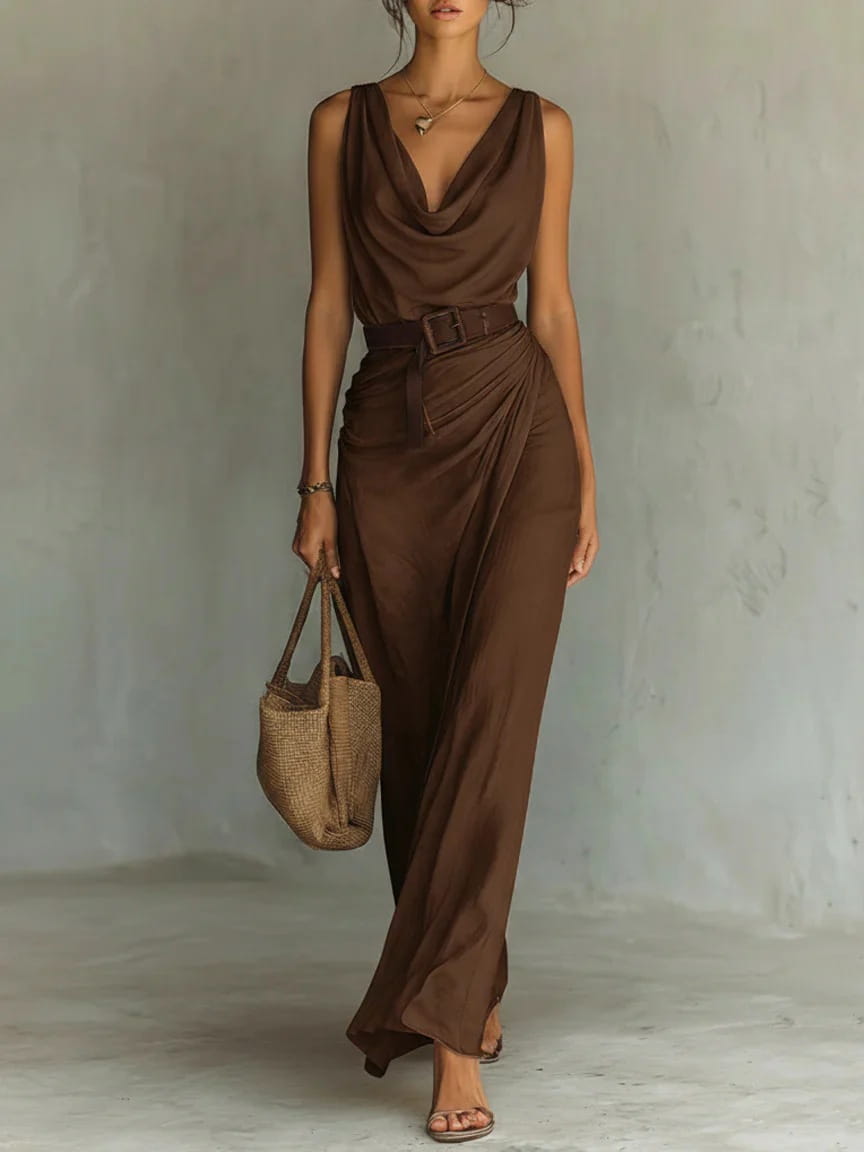 A flowing sleeveless brown satin jumpsuit with a draped cowl neckline and matching belt ideal for resort wear.