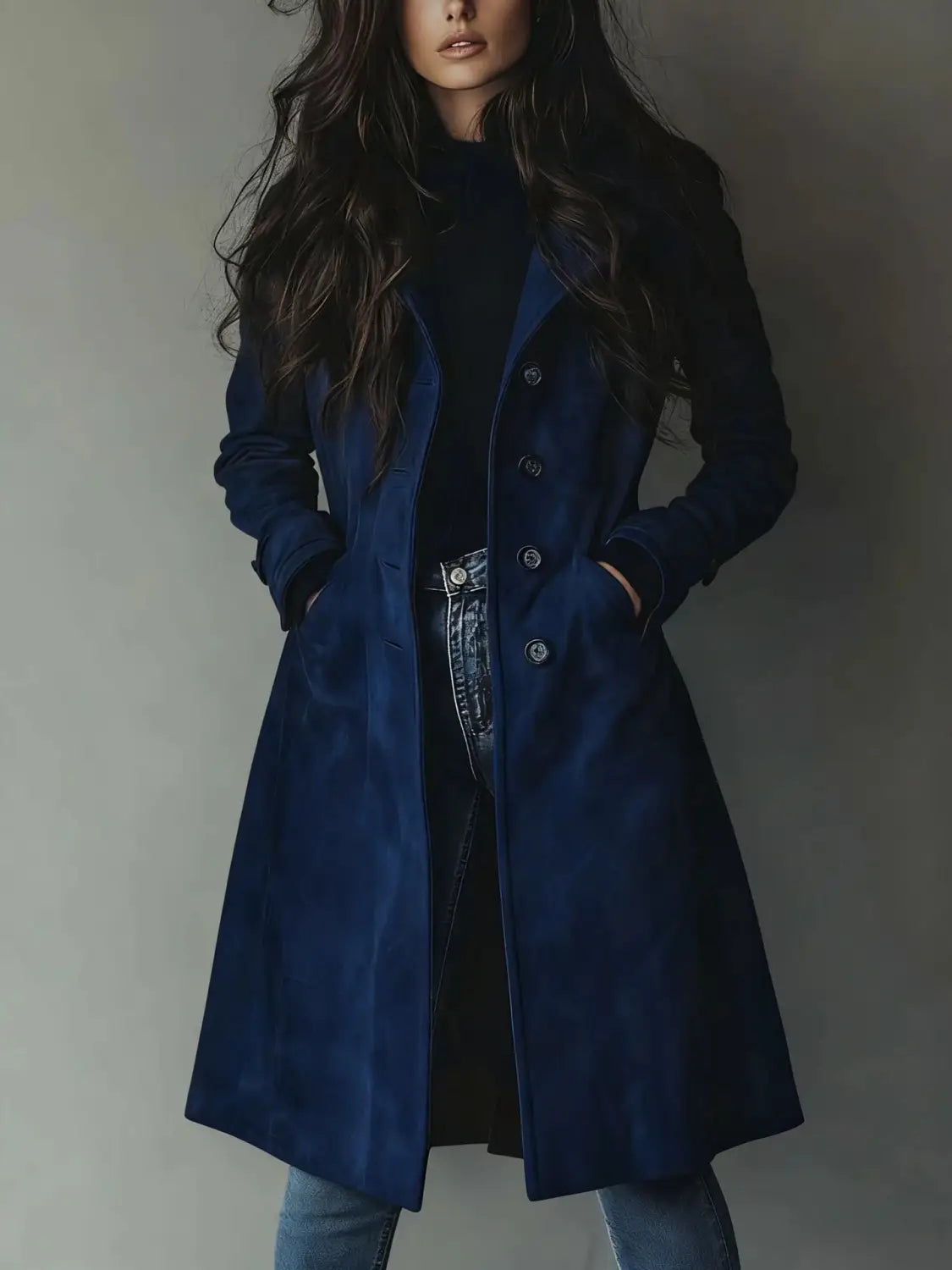 Manteau long en trench-coat western pour femmes en daim bleu marine profond, avec un design classique double boutonnage et des boutons à tons argentés.