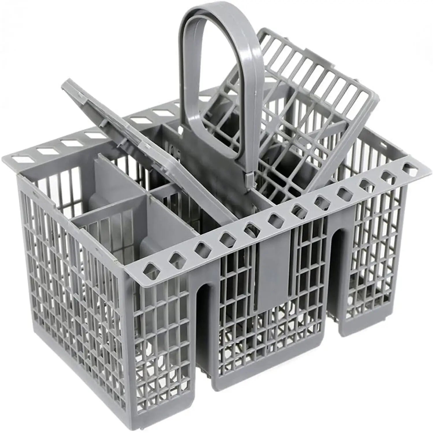Gray plastic dishwasher cutlery basket for Hotpoint Indesit with handle and multiple compartments for utensils.