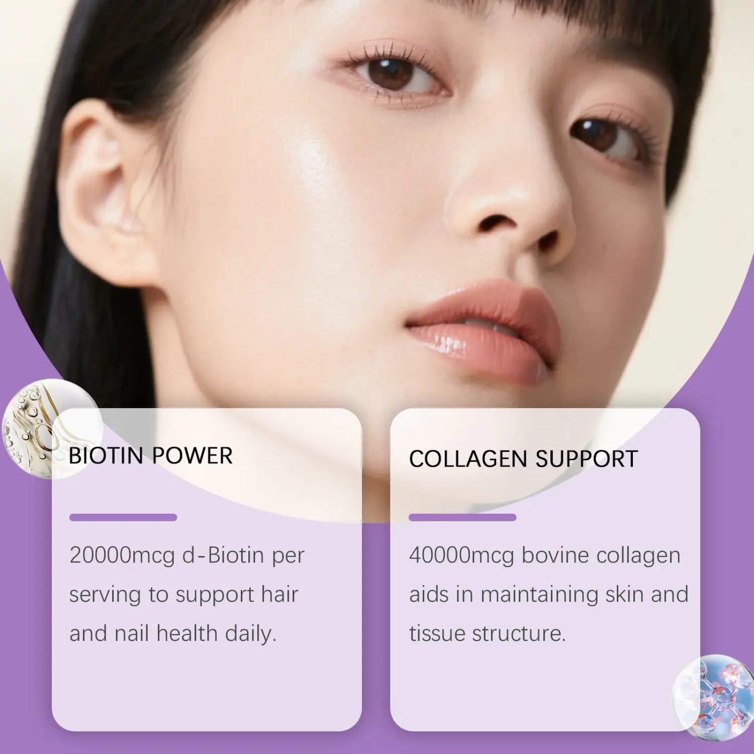 A sleek modern transparent supplement bottle of biotin collagen hair drops raspberry liquid vitamin showcasing the pills inside.