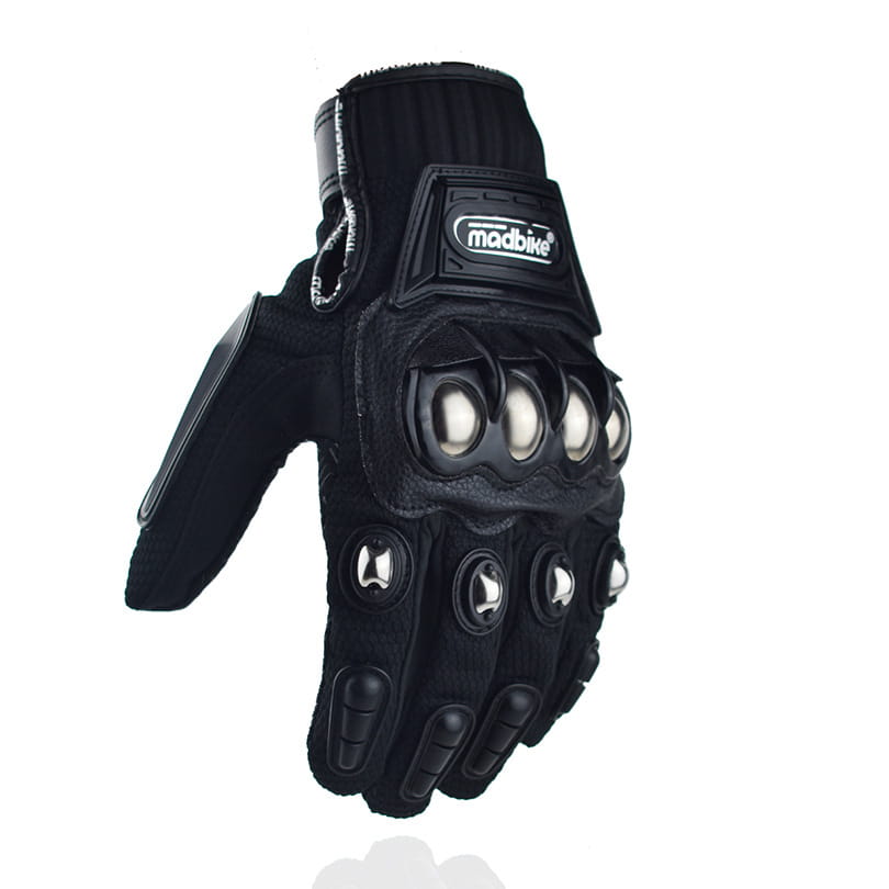 Black madbike alloy knuckle motorcycle riding glove showing the back side with silver protective studs and reinforced padding designed for unisex use.